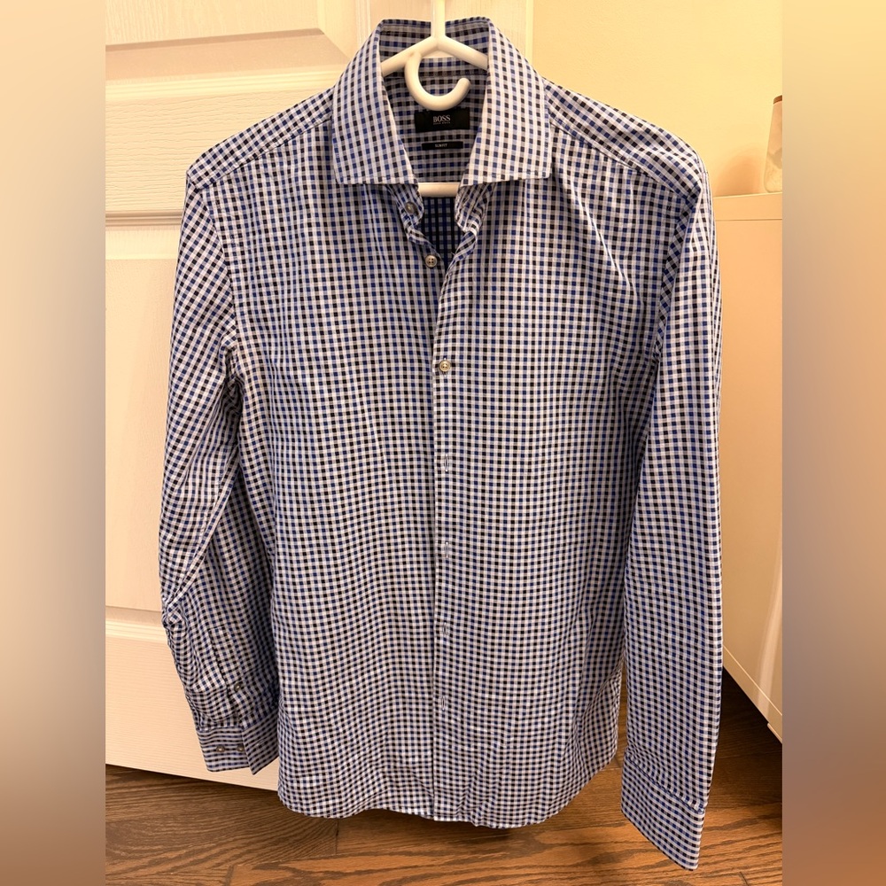 Hugo Boss Men's Blue and White Gingham Shirt